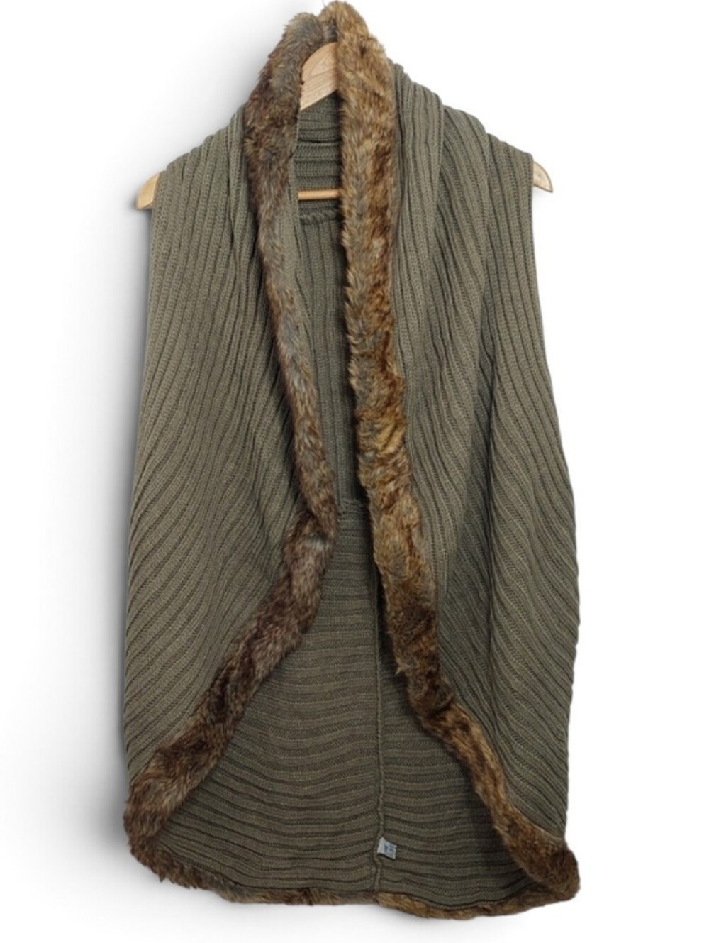 Women's One Size Faux Fur Trim Olive Green Knit Wrap Coatigan Cardigan